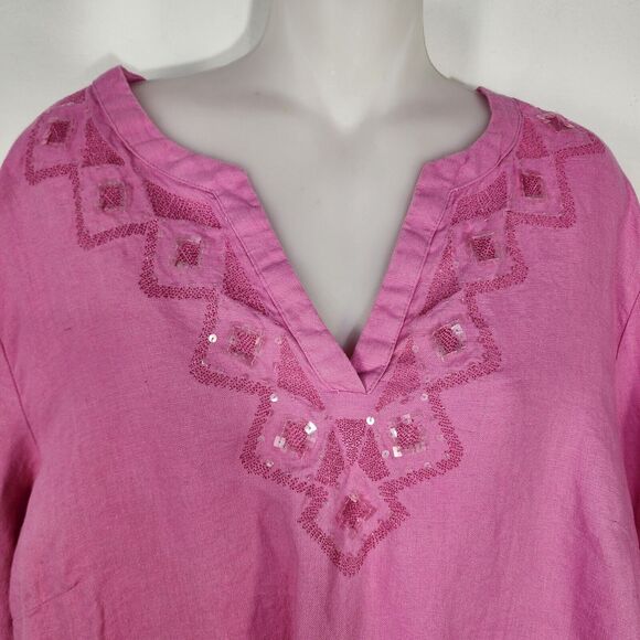 JM Collection Top Womens Size 16 Pink 100% Linen Embroidered 3/4 Sleeves Sequins - Picture 3 of 11